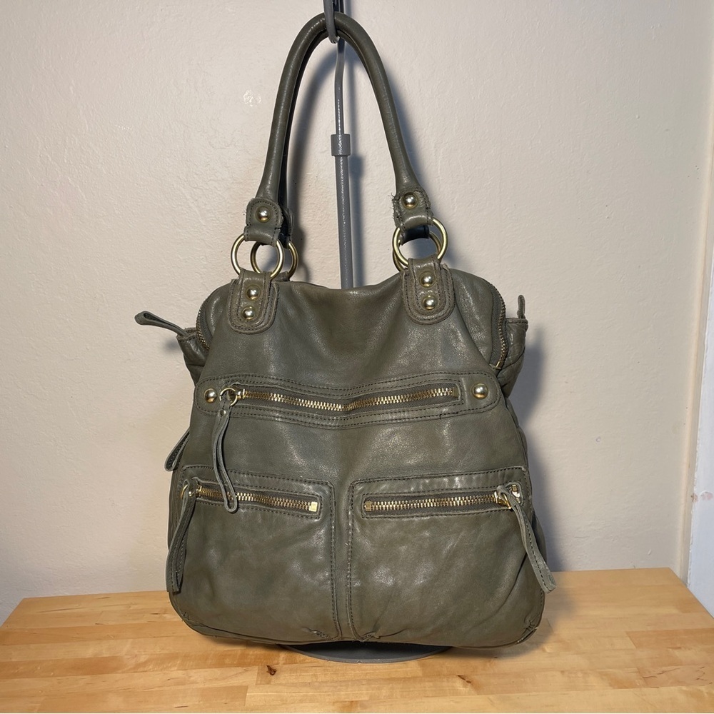 Linea Pelle Dylan Green Italian Leather Studded Tote Shoulder Bag Large